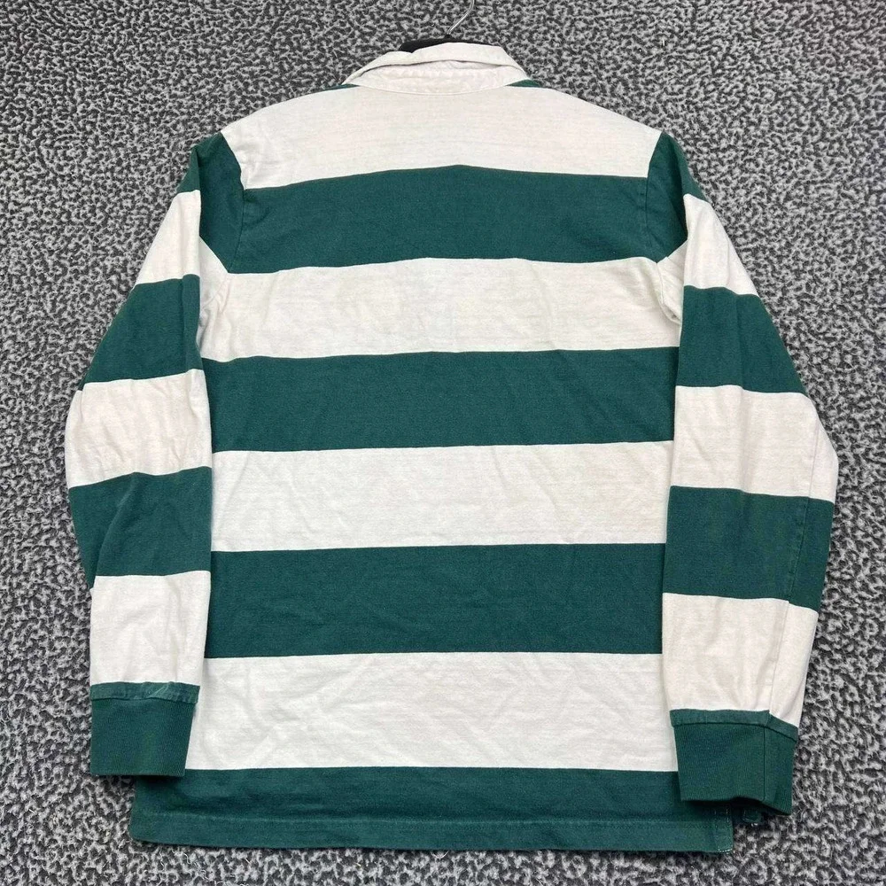 American Eagle Rugby Polo Shirt Men Medium Green Striped Long Sleeve Cotton M